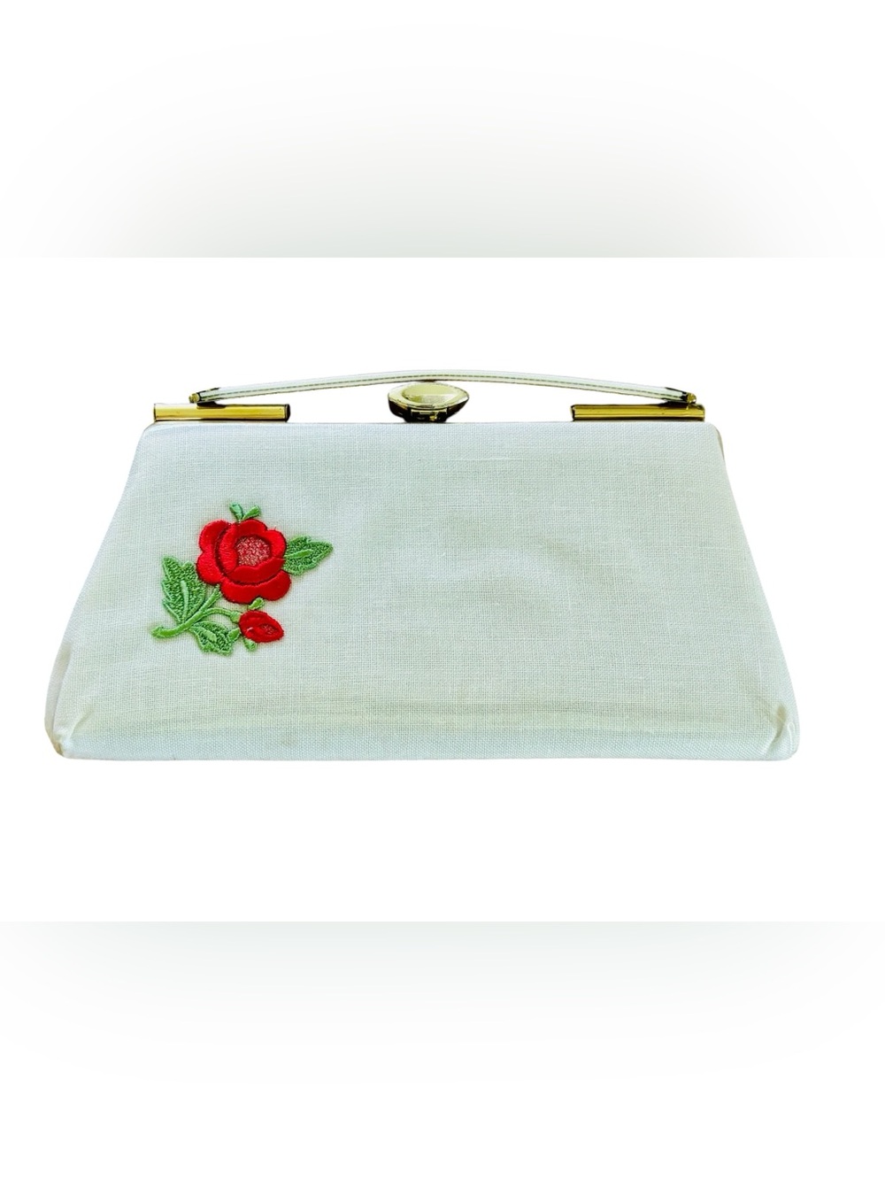 Vintage 50s White Linen Floral Rose Embroidered Clutch